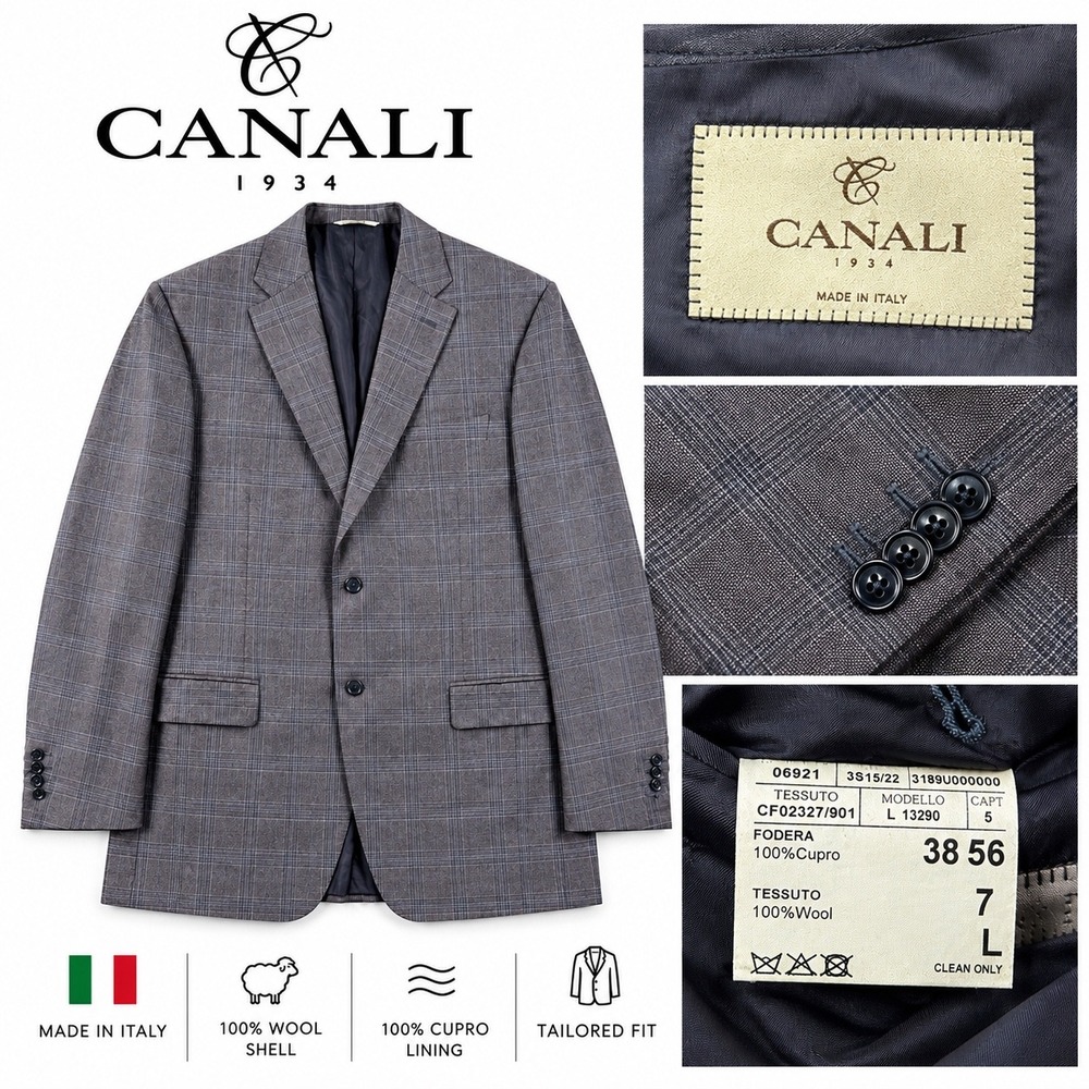Canali Sport Coat Mens 46L Grey Purple Plaid Wool Blazer Made in Italy 2 Button